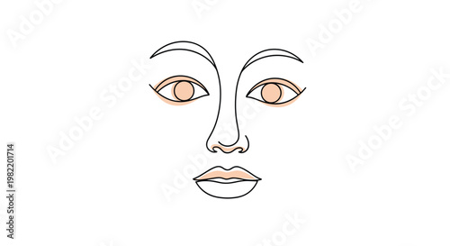 Minimalist line art drawing of a female face featuring eyes with eyebrows nose and lips shown on plain white background for beauty brand.
