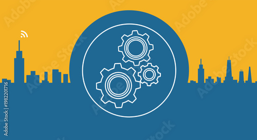 Illustration of three interlocked gears inside white circle on blue background with city skyline silhouette and wireless wifi signal icon.