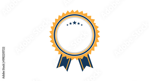 Blank gold award medal with dark blue ribbons and five small stars at the top center for achievement and recognition design projects.