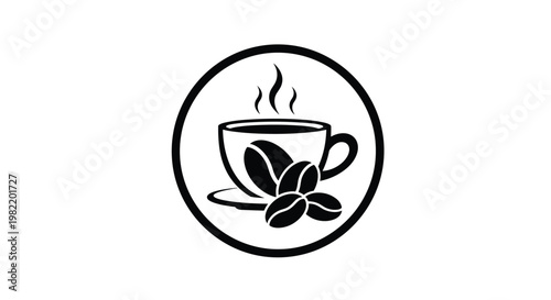 Black and white icon of coffee cup and saucer with whole roasted coffee beans and steam inside a circular frame on white background.