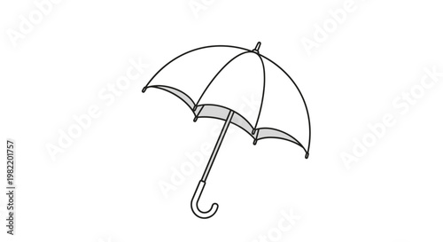 Simple line art drawing of an open umbrella shown at an angle with handle pointing down isolated on plain white background for design.