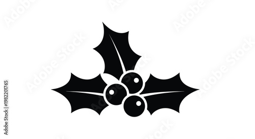 Black silhouette of three holly leaves and small berries for traditional christmas and winter holiday season decoration and design.