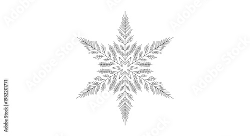 Intricate black snowflake design with feathery crystalline details isolated on white background for winter and holiday decoration.