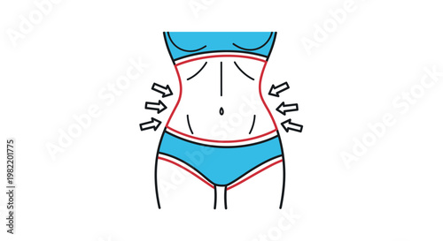 Health and fitness illustration showing a woman waist with arrows pointing inwards symbolizing weight loss results and body slimming.