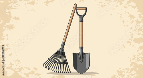 Garden rake and spade shovel with wooden handles leaning against each other on a textured vintage background for landscaping themes.