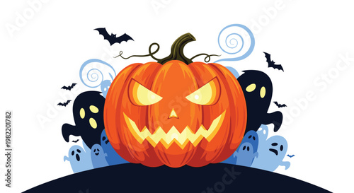 Spooky halloween scene featuring a large glowing orange jack o lantern pumpkin surrounded by blue ghosts and bats in the night sky.