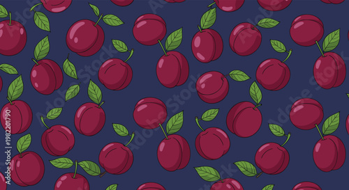 Seamless fruit pattern with ripe purple plums and green leaves scattered on a dark blue background for fabric and surface design.