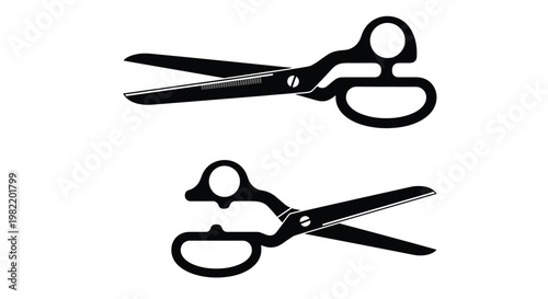 Black silhouettes of two pairs of professional tailoring scissors in different positions isolated on a plain white background.