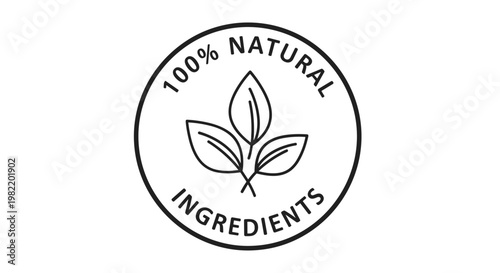 Circular stamp for one hundred percent natural ingredients featuring three delicate leaves in a minimalist black line art design.