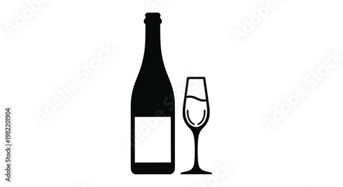 Elegant silhouette of a champagne bottle and a flute glass on a white background for celebrations, anniversaries, and luxury events.