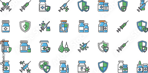 Vaccine vials feature medical protection icons.