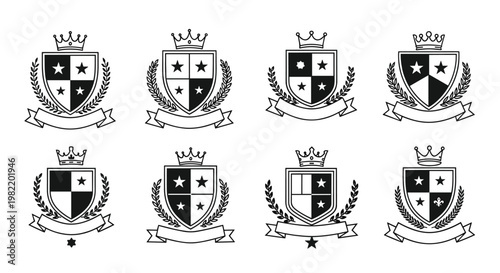 Ornate heraldic crest collection featuring shields with stars, regal crowns, laurel wreaths, and blank banners for custom text or logos.