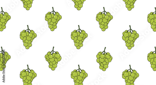 Refreshing seamless pattern of ripe green grape clusters with stems scattered across a clean white background for food design.