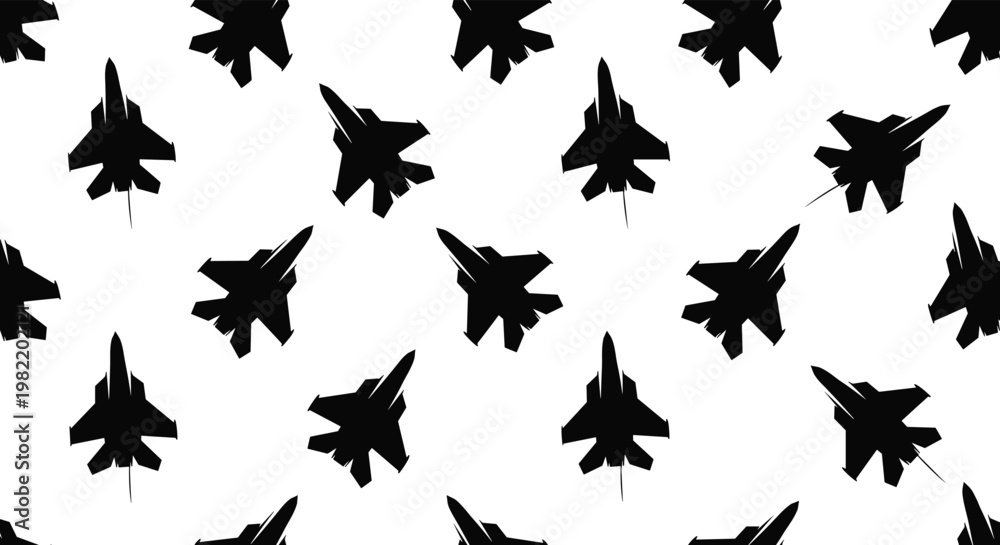 Fototapeta premium Seamless pattern design composed of repeating black silhouettes of fighter jets flying in various directions on white.