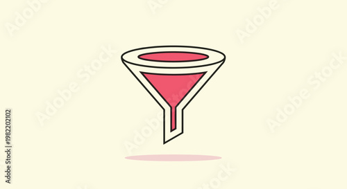 Colorful flat illustration of a laboratory funnel filled with pink liquid casting a soft shadow on a pale background.