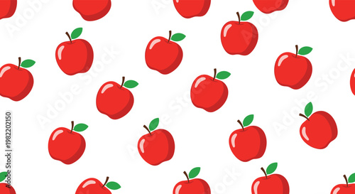 Cheerful seamless pattern featuring red apples with green leaves scattered randomly across a clean white background.