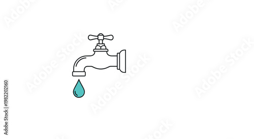 Simple icon of a classic metal water tap with a single bright blue droplet falling from its spout on white background.