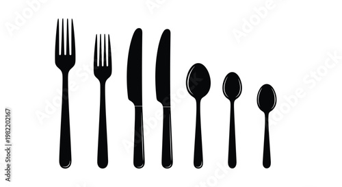 Row of black silhouettes representing various kitchen utensils including forks, knives, and spoons of different sizes.