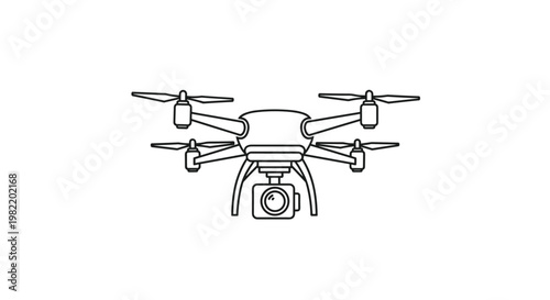 Technical line drawing of a modern quadcopter drone equipped with a central camera for aerial photography and video.