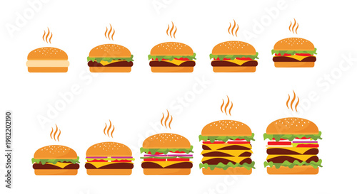 Comparative set of ten colorful flat illustrations of burgers showing various ingredients and layers from simple to tall.