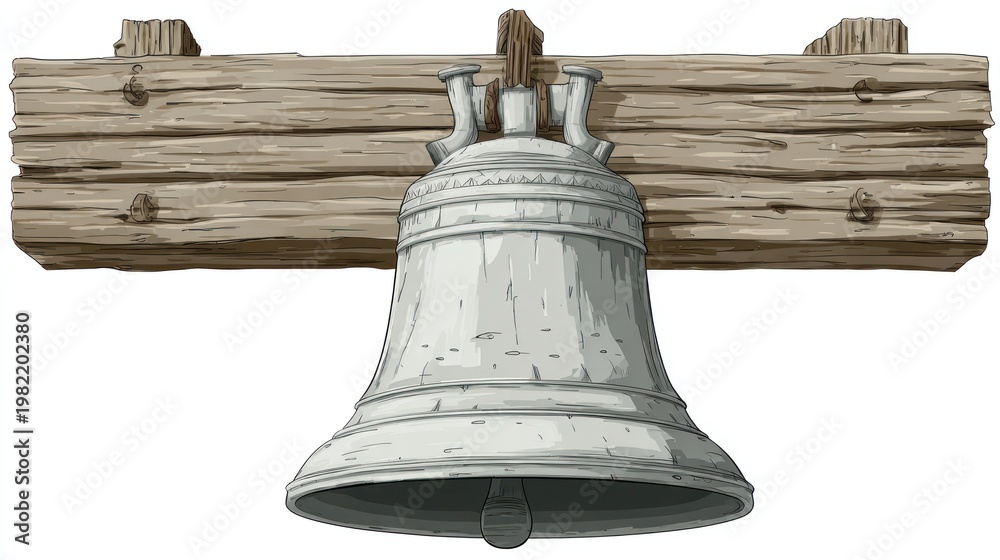 Obraz premium Historical bell illustration antique metal object with wooden beam support