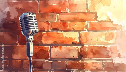 Vintage Microphone Illustration with Brick Wall Background in Warm Watercolor Tones