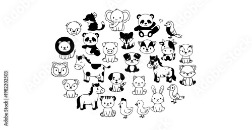 Cute cartoon animals big set wild farm pets birds kawaii vector illustration