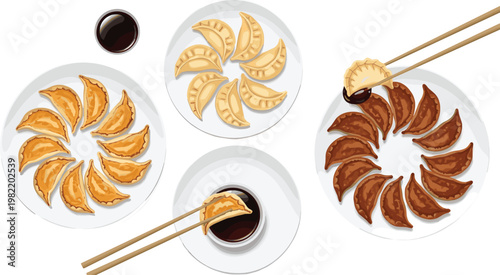 Gyoza Dumplings Plate Collection with Soy Sauce and Chopsticks Top View Asian Cuisine Food Illustration Set for Restaurant Menu Design