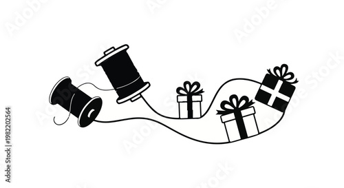 Thread spools connected to wrapped gift boxes illustrate the creative process of handmade gifting and the artistic joy found in crafting personalized presents for special holiday occasions.