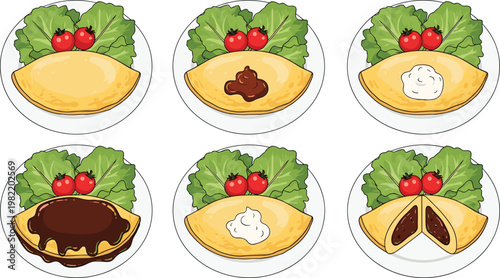 Crepe Dessert Collection with Chocolate Cream and Filling Variations Sweet French Pancake Food Illustration Set for Cafe Menu and Bakery Design