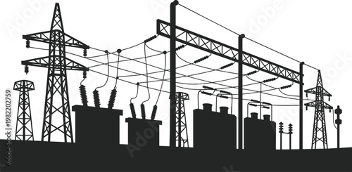 Black and white of a power transmission tower with multiple cables and insulators electricity pylon