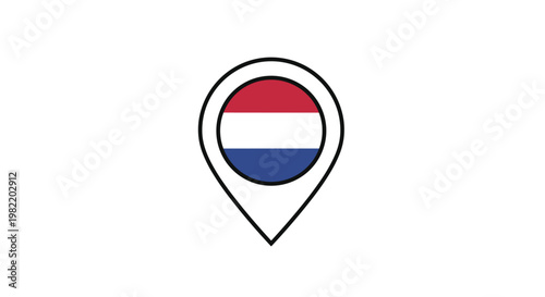 Geographic location pin icon containing the national flag of the Netherlands for map markers, travel destination identification, and European tours.