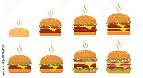 Sequential illustrations showing the assembly process of a layered cheeseburger with multiple fresh ingredients for food preparation and menu design.
