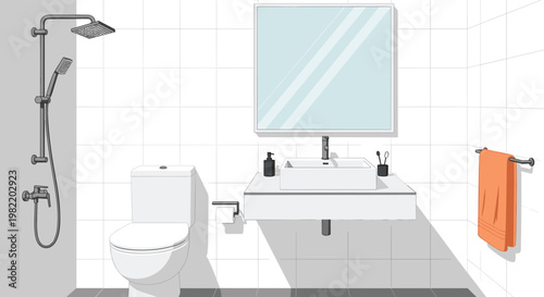 Modern bathroom interior illustration featuring a toilet, sink, mirror, shower, and an orange towel in a clean white minimalist architectural style.