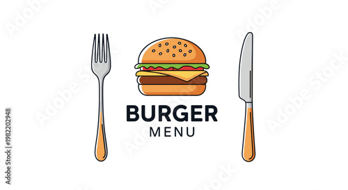 Professional logo design featuring a delicious cheeseburger between a fork and knife with text for restaurant, diner, and fast food establishment menus.