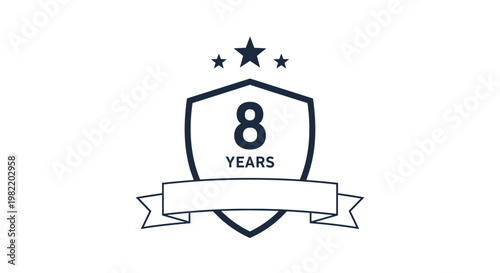 Shield emblem with a blank ribbon and three stars celebrating an eight-year anniversary or service milestone for companies, brands, and organizations.