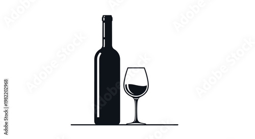 Minimalist silhouette of a wine bottle and a partially filled glass on a thin horizontal line for bar, restaurant, and winery menu branding concepts.