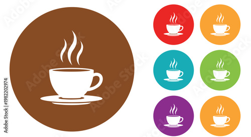 Set of colorful circular icons featuring a steaming coffee cup and saucer for cafe menus, morning routines, and social media graphic design elements.