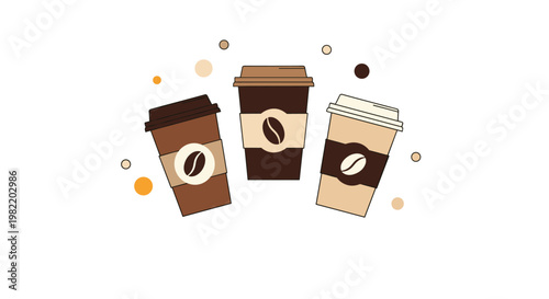 Three different colored disposable coffee cups with bean logos surrounded by floating circles representing coffee break culture and morning routines.