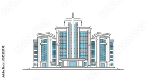 Professional architectural sketch of a large modern multi-tower office building with blue window details on a clean white background for business.