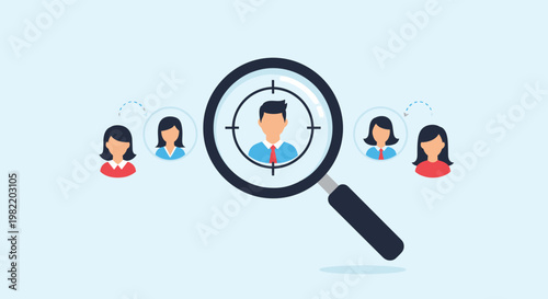 Magnifying glass focuses on a single businessman among several women silhouettes to illustrate the concept of recruitment and hiring.