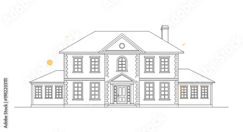 Elegant line drawing of a large luxury house with multiple windows and a symmetrical design represents high end real estate property.