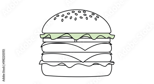 Large multi layered hamburger outline with a hint of green lettuce is shown as a simple line drawing for fast food menu designs.