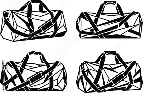 Four sleek geometric duffel bags in a up-to-date black and white theoretical illustration manner, offering a expert structure.