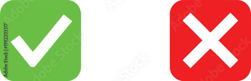 A green check mark and a red cross sign displayed as simple flat icons on a plain white background Vector