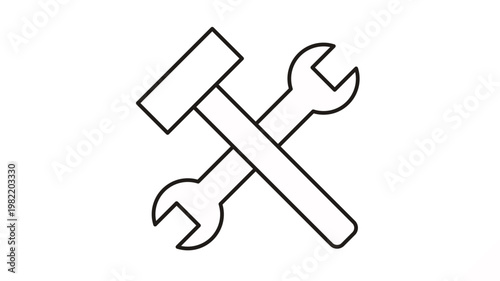 Minimalist black line vector icon of a crossed hammer and wrench, representing repair, maintenance, construction, and DIY services. Scalable illustration for web design, branding, and logos.