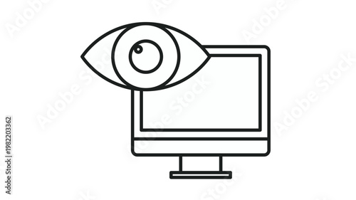Minimalist vector icon illustration of a computer monitor with a large human eye, representing digital surveillance, online privacy, data monitoring, cybersecurity, and internet observation.