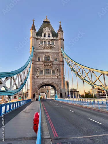 Tower Bridge London at Sunrise With Empty Road, Historic Architecture Over the River Thames
