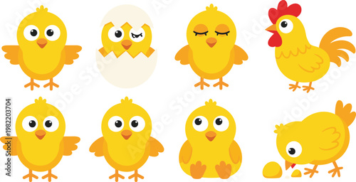Cute yellow chick collection featuring cartoon characters hatching from egg sleeping pecking food and hen for Easter nursery and children educational vector design.