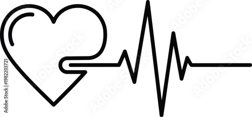 A minimalist black line art icon featuring a heart shape connected to an electrocardiogram line. Vector